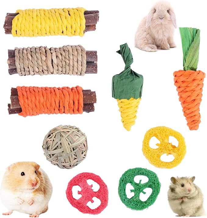 Rabbit Chew Toys 9PCS for Teeth Care,Cute Bunny Toys Natural Apple Wood Grass Toys Chewing and Treat for Guinea Pigs Hamster Chinchillas Hedgehog Small Animals (9PCS/Set)
