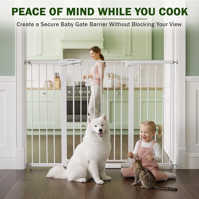 Mumeasy 36" Extra Tall Baby Gate for Doorways, 29.7"-57" Extra Wide Dog Gate for Stairs, Pressure Mounted Auto Close Pet Safety Gate with Easy Walk Thru Door, Large Indoor Child Gate for House, White