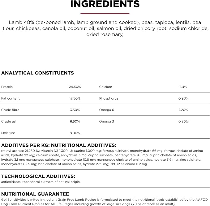 Go! Solutions Sensitivities Limited Ingredient Lamb Grain-Free Dry Dog Food, Chicken-Free Kibble Made by Experts for Sensitive Stomachs & Food Allergies, for Puppies, Adults, & Seniors, 3.5 lb Bag