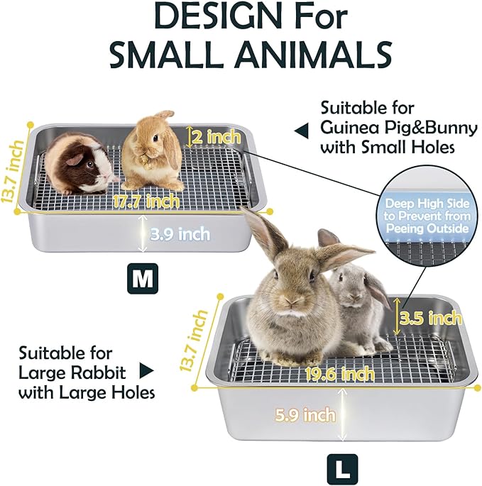 MEEXPAWS Guinea Pig Stainless Steel Litter Box with Raised Grid and Washable Pad,Small Bunny Rabbit Litter Pan High Side, Ferret Rat Litter Box, Small Animal Toilet Potty Tray Easy Clean,Less Stink
