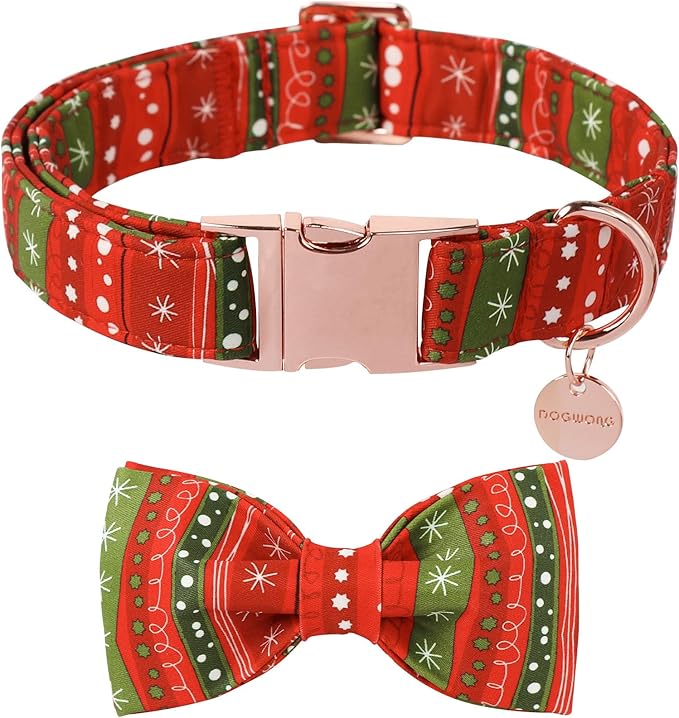 DOGWONG Christmas Dog Collar Bow Adjustable Girl Boy Red Strip Dog Collar Bow Tie Cute Christmas Red Dog Collar for Small Medium Large Dogs