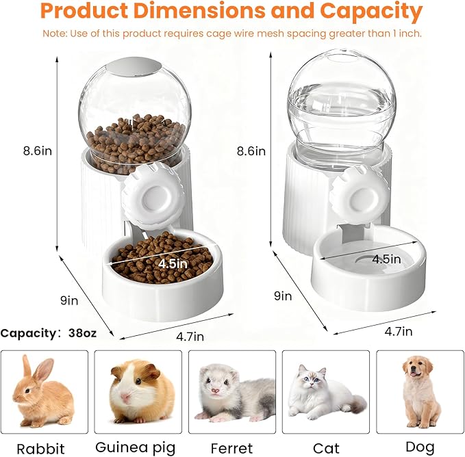 38oz Hanging Automatic Food Water Dispenser, Large Capacity Gravity Rabbit Water Dispenser and Feeder Set, for Bunny Guinea Pig Chinchilla Ferret Cage Accessories (White)