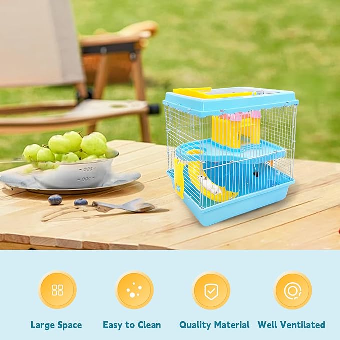 Tfwadmx Hamster Carrier, Dwarf Hamster Travel Cage, Portable Cages with Water Bottle, Gerbil Travel Carry Case Outdoor Vacation House for Small Mice(Blue,10.6”x8”x11.4”)