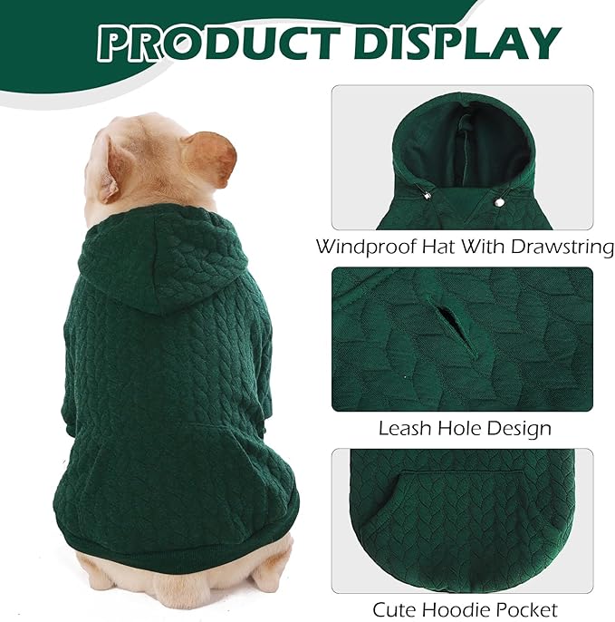 EXPAWLORER Textured Cable Knit Basic Dog Hoodie, Elevated Style Dog Sweater with Leash Hole and Pocket, Soft and Warm Pet Winter Coat, Cold Weather Clothes for Small Medium Large Dogs,Dark Green M