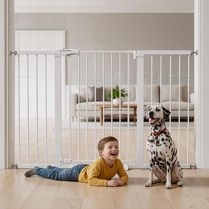 Mumeasy 29.7-57" Extra Wide Baby Gate, Auto Close Large Dog Gate for Doorways, No Drilling Pressure Mounted Pet Safety Gate for Stairs, Easy Walk Through Child Gate for Hallways, House, Indoor, White