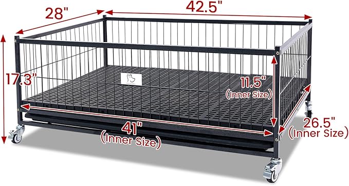 Homey Pet Six Packs 43" Dog Whelping Box for Puppies, Heavy Duty Metal Whelping Box for Small Breed Dogs with Washable Plastic Floor, Removable Tray and Four Lockable Wheels