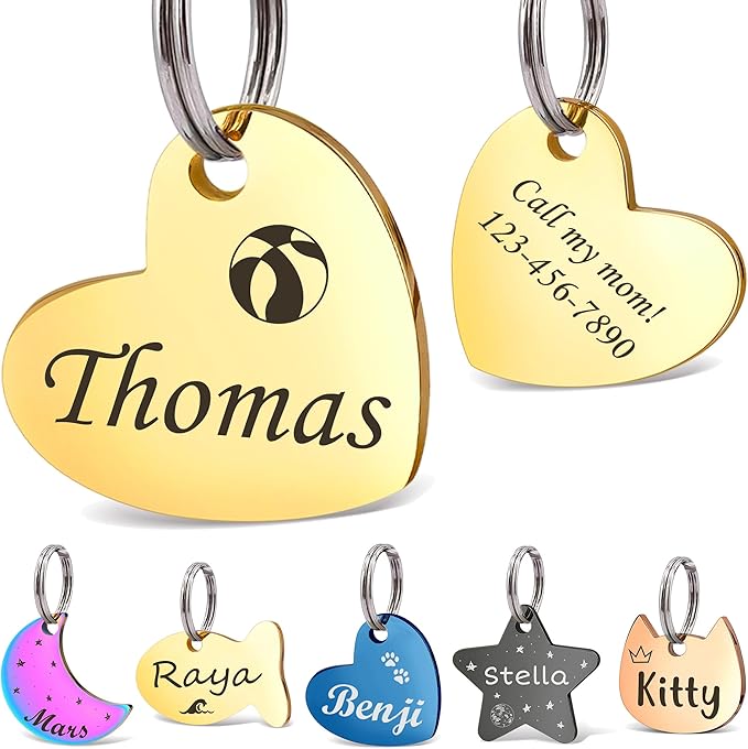 Anavia Small Size Dog Cat ID Tags, Small/XS Personalized Color Plated Stainless Steel Puppy Kitten Name Tags, Customized Engraved Nameplate Pet Collar Tag (Gold, Heart)