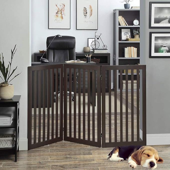 unipaws 36" H Free Standing Pet Gate for Dog Cat, Tall Wooden Dog Gates for Doorway, Stairs, Foldable Pet Fence for The House, Expandable Dog Barrier, Indoor Use, Espresso