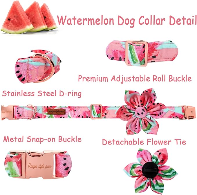 Unique style paws Dog Collar with Flower Tie Cotton Watermelon Collar Adjustable Summer Collar for Small Medium Large Dogs - XS