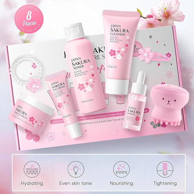 Skin Care Set for Teens Girls,Cherry Blossoms Skincare for Girls 10-12,Hydrating Face Skin Care Kit with Cleanser,Toner,Serum,Eye Cream,Face Cream,Galentines Gifts,Bulk Gift,Valentines Day Gifts