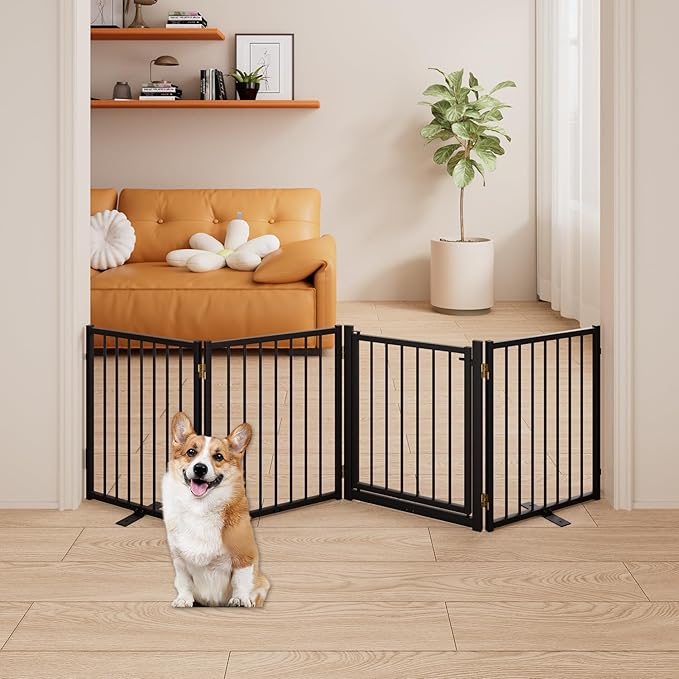 4 Panels Full Metal Freestanding Dog Gates with Door, 80” W x 24” H Folding Pet Gate Fence with Support Feet for Indoor,Stairs, Hallways and Doorways(Black)