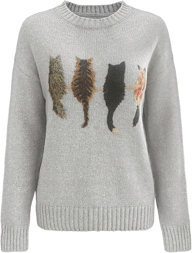 WDIRARA Women's Cat Graphic Sweater Long Sleeve Crew Neck Knit Tops Casual Knitwear