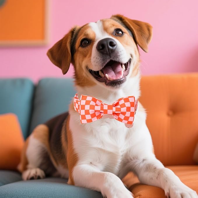 DOGWONG Orange Pink Plaid Dog Collar with Bow - Adjustable and Comfortable Autumn Dog Collar Fall Necklace for Large Medium Small Pet