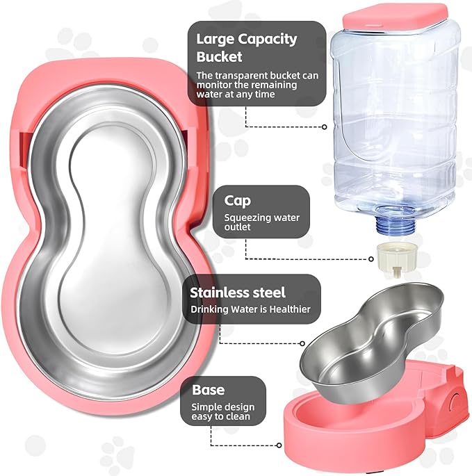 Automatic Cat Feeder and Water Dispenser with Stainless Steel Bowl Dog Gravity Food Feeder and Waterer for Small Medium Pets Puppy Kitten 1 Gallon x 2