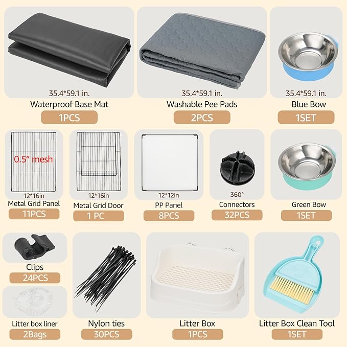Tinnmao Rabbit Starter Kit, 20 Panels Small Animal Playpen with Top Cover, Waterproof Base Mat + 2 Washable Pee Pads + Litter Box, Indoor C&C cage for Guinea Pigs Bunny Accessories (Black Metal Frame)