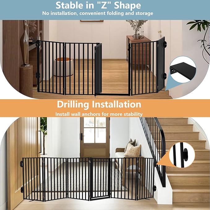 Full Metal Freestanding Dog Gates with Door, 32" Height Dog Fences for Indoor & Outdoor, Extra Wide Foldable Pet Gates for Stairs, Hallways, Doorways, Yard (6 Panels, 120" W × 36" H)