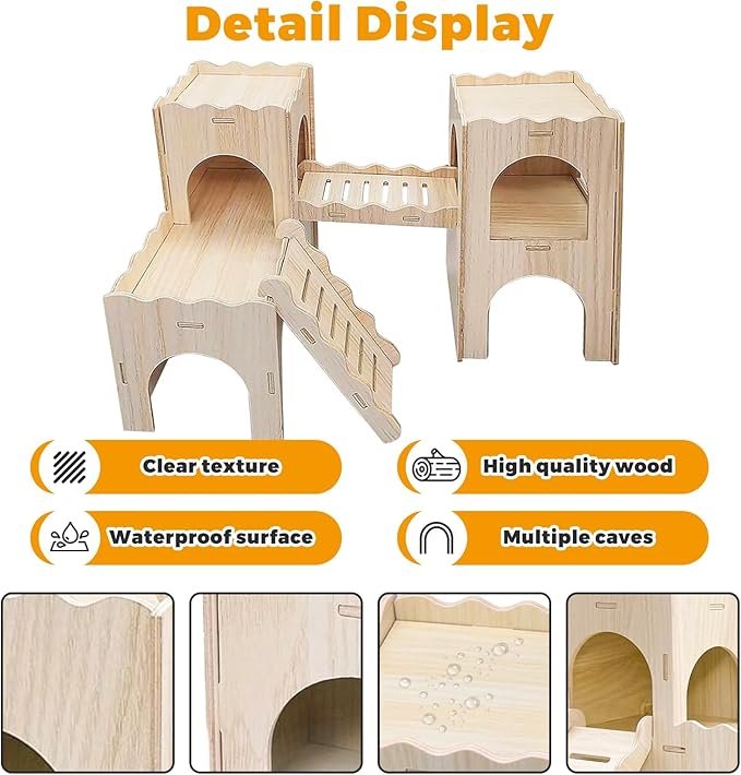 Wooden Dwarf Hamster House, Hamster Tiny House Hideout, Maze House, Large Balcony Lookout Holes, Easy to Assemble, Detachable Parts, Secure Hideaway, A