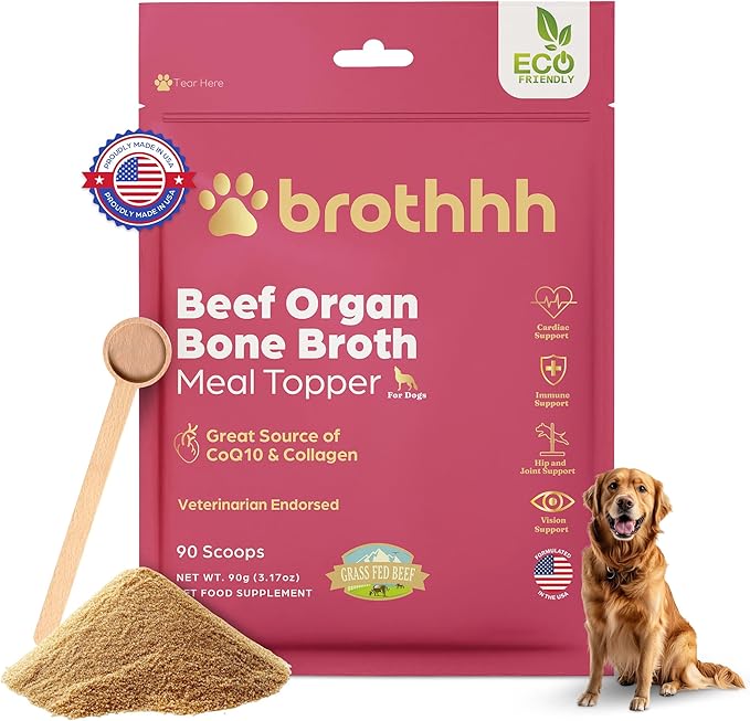 Beef Organ Bone Broth Meal Topper for Dogs - 100% Grass Fed, Veterinarian Approved, Non-GMO, Supports Joint Health, Heart Health, Vision, and Vitality - Made in The USA by Brothhh - Powder Supplement