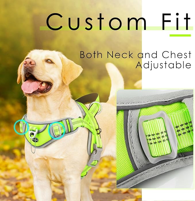 ADVENTUREMORE No Pull Dog Harness for Large Dogs, Sport Dog Halter Harness Reflective Breathable Dog Vest Escape Proof Dog Harness with Easy Control Front Clip Handle for Training Walking L Green