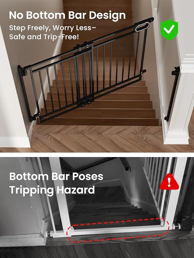 Grownsy No Bottom Bar Baby Gate for Stairs, Adjustable Width 32” to 48” for Child and Pet, Dog Gate with Auto-Close & One-Hand Operation, Hardware-Mounted Installation for Doorways and Indoor,Black