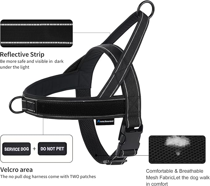 Annchwool No Pull Dog Harness,Heavy Duty Reflective Collar & Leash Set-Leash with Double Handle & Car Seatbelt Clip-Easy Control for Walking Training Medium Large Size Dogs(Black,XL)