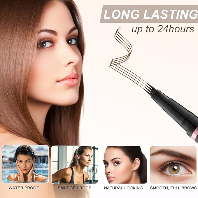 Eyebrow Pencil,2-in-1 Waterproof Eyebrow Pen with 4 Tip Brow Pen and Ultra-Precise Brow Pencil,with Dual-ended Eyebrow Brush,Eyebrow Makeup for Natural Looking Eyebrows-Soft Brown