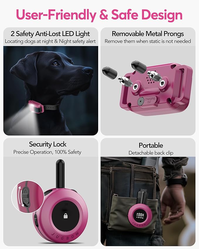 Jugbow Dog Shock Collar - 3/4 Mile Dog Training Collar with Remote for Large Medium Dogs, Rechargeable IPX8 Waterproof E-Collar with 3 Training Modes, LED Light & Security Lock (Pink)