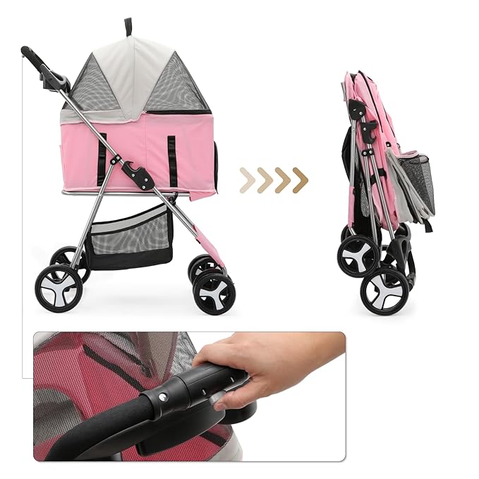 MoNiBloom 3 in 1 Foldable Pet Stroller for Small & Medium Dogs, Detachable Carrier, Car Seat, Push Button Entry, 4-Wheel Jogger for Pets up to 33 lbs, Pink