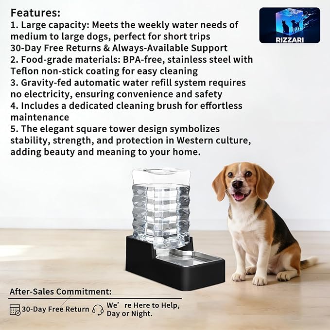RIZZARI Stainless Steel Pet Water Feeder: 8.5L Black Automatic Leak-Proof Gravity Dispenser for 30-60 LB Dogs with Arthritis - Without Filter - Ideal for Garage Living Room