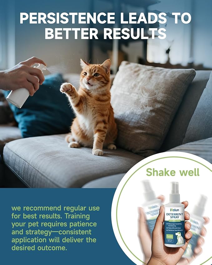 Natural Cat Deterrent Spray - No Chew Spray for Dogs, Cat Repellent for Indoor & Outdoor Use, Anti-Scratch Training Aid for Furniture, Sofas, Rugs, Curtains, Plants - Keeps Cats & Kittens Away - 100ML
