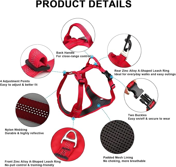 No Pull Dog Harness for Small Dogs, Adjustable, Reflective Breathable Padded Vest with 2 Metal Leash Clips and Handle for Control or Car Seatbelt Use, Red, S