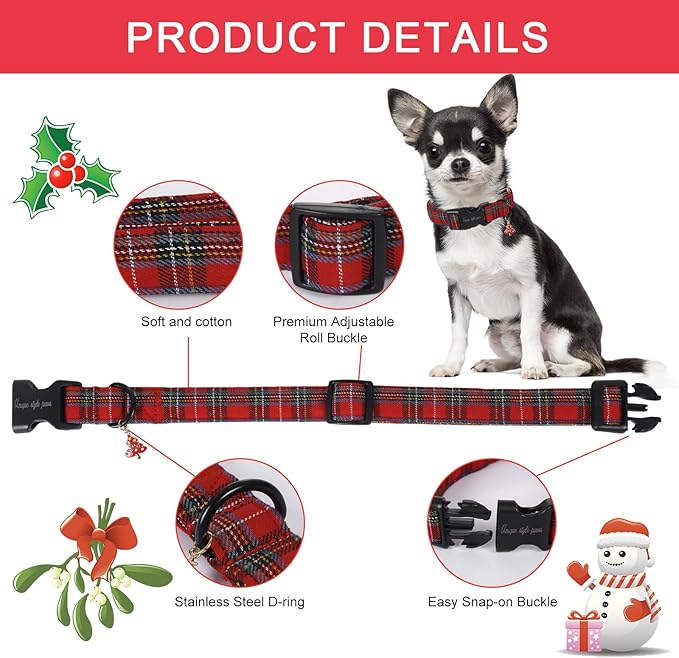 Unique Style Paws Christmas Dog Collar Plastic Buckle with Pendant Red Scottish Grid Cotton Puppy Collars for Small Medium Large Dogs