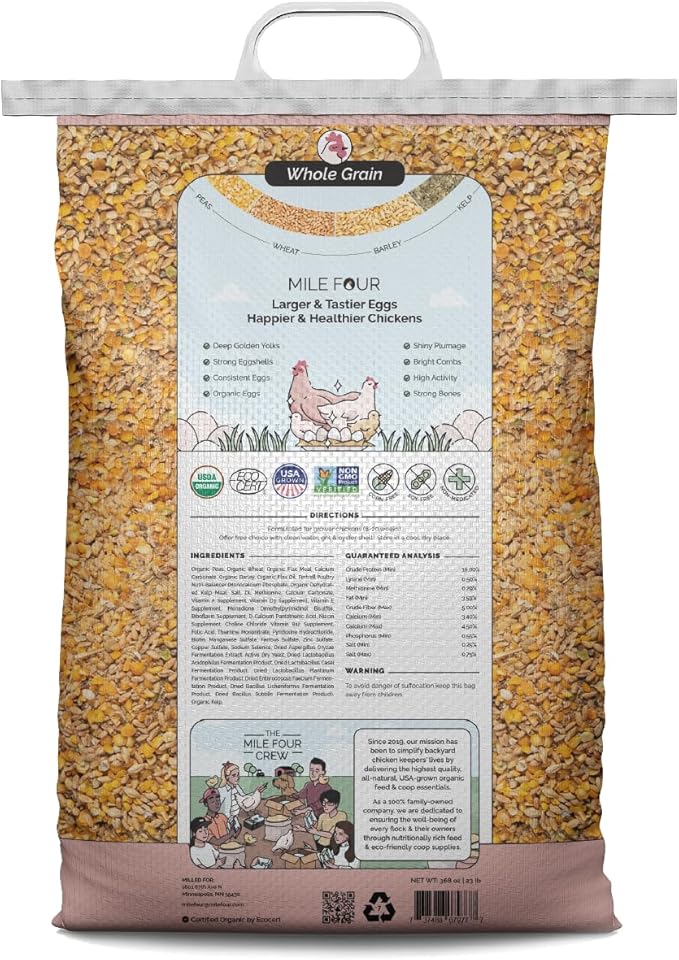 Mile Four Organic Chicken Feed – Layer Whole Grain, Non-GMO, USA Grown, 16% Protein, Corn-Free, Soy-Free, Non-Medicated Feed for Chickens, 23 lbs