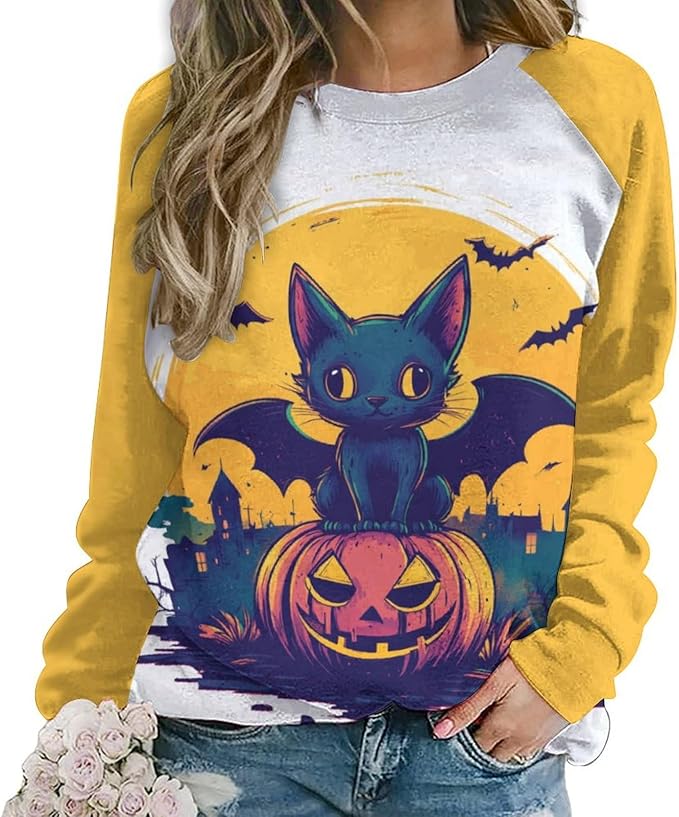 Halloween Sweatshirts for Women Black Cat Print Pullover Crewneck Oversized 2024 Fall Fashion Casual Warm Shirt