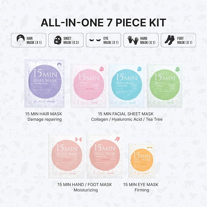 Naisture x Frida Kahlo 15 Min Pamper Me Kit Korean Spa Skincare Gift Set for Women-Head to Toe with Hair, Face, Eye, Hand, Foot Masks, & Bonus Item (8 pcs)
