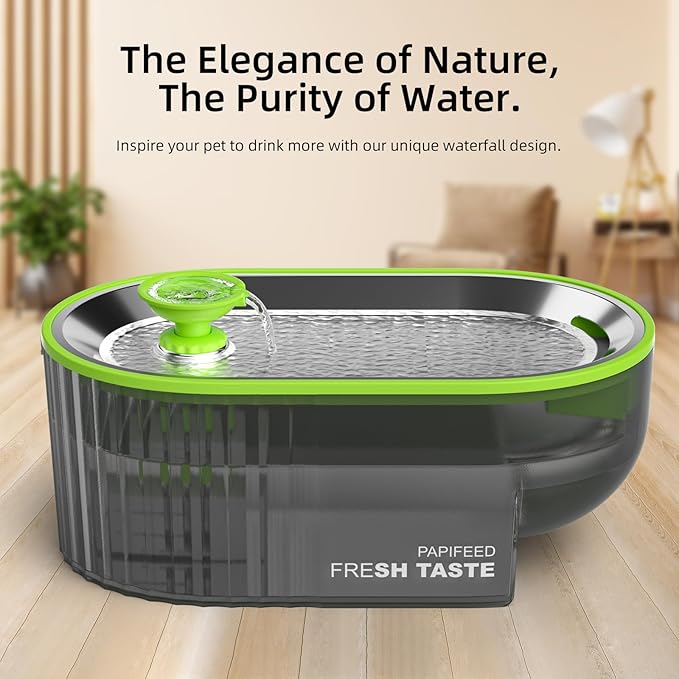PAPIFEED Cat Water Fountain+ Stainless Steel Tray + 1 Silicone Mat+5 Filters+2 Sponges, 84 oz/2.5L Automatic Pet Drinking Fountain, Ultra Quiet Pet Fountain with Stainless Steel Tray, Easy to Clean