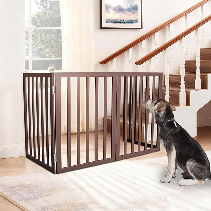 ZJSF Freestanding Indoor Dog Gate for House Foldable Wood Brown Puppy Gate for Doorways Pet Gate for Stairs Extra Wide Pet Fence 24" Height 3 Panels