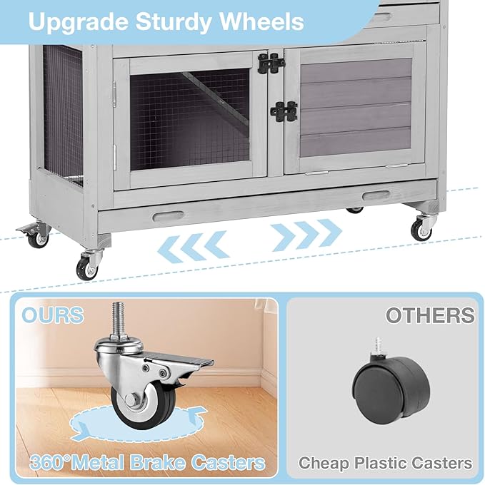 36’’ Wooden Rabbit Hutch Indoor or Outdoor, 2 Story Rabbit Cage with 2 Leak Proof Trays, Mobile Bunny Hutch with Wheels, Anti-Chew Ramp for Guinea Pig (Grey)