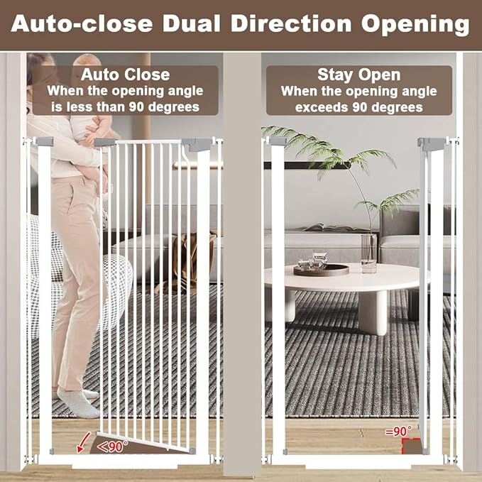 Fairy Baby 51.18" Extra Tall Pet Gate for Doorways, 48.5"-56.2" Extra Wide Long Baby Gate for Stairs, Metal Pressure-Mounted Walk-Through Dog Gate, Auto Close Safety Child Gate Indoor Use, White