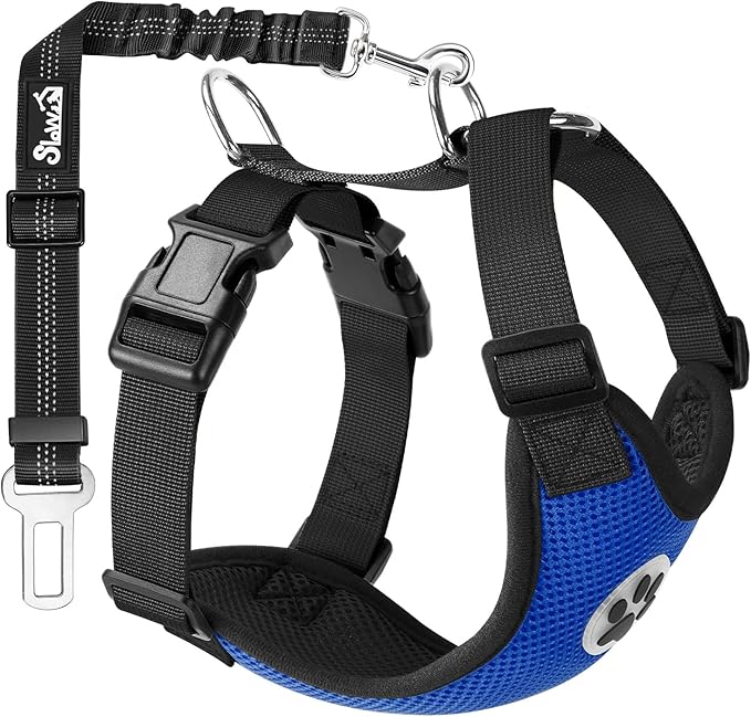 SlowTon Dog Seat Belt Harness for Car, Dog Car Harness Adjustable Mesh Breathable & Dog Seatbelt Safety Tether with Elastic Bungee for Small Medium Large Pets(Blue, Single Clip, S)