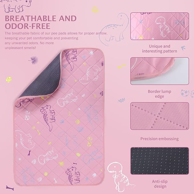 IEUUMLER Washable Pee Pads for Dogs, 2 Pack Non-Slip & Waterproof Whelping Pad, Reusable Puppy Potty Training With Fast Absorbent for Playpen EU007 (Pink Dinosaur, 34"X36"-2pcs)