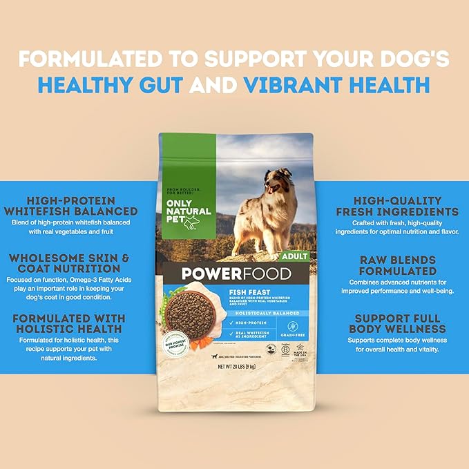 Only Natural Pet PowerFood Fish Feast Grain-Free Dry Dog Food w/Wild-Caught Whitefish, Pumpkin & Superfoods - High Protein, Low Carb Recipe for Small to Large Breeds, Adult to Senior - 20 lb Bag