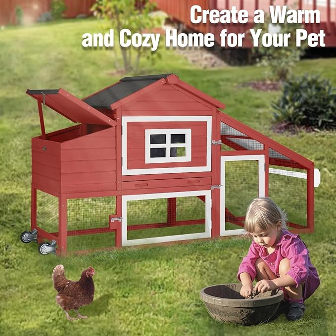 Chicken Coop with Wheels, Mobile Outdoor Chicken House with Leakproof Pull-on Tray, Nesting Box, Waterproof Roof - Red