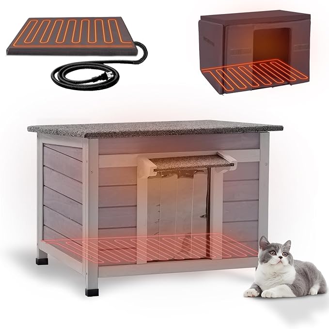 GUTINNEEN Heated Outdoor Cat House Weatherproof Insulated Feral Cat Shelter with Heated Pad and Insulated All-Round Thermal Liner for Outside Cats, Chewproof Cable Design (Winter-Ready)