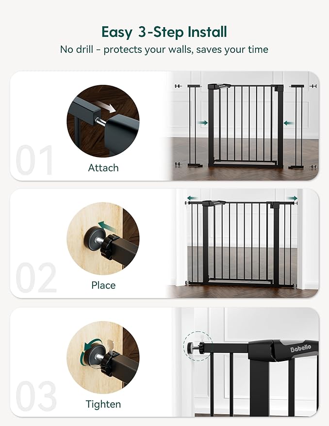 Babelio Metal Auto Close Baby Gate PressGuard P7,Extra Wide Pet Gate for The House and Doorways, Pressure Mounted Walk Thru Child Gate with Door (Black, 30" Tall 29"-48" Wide)