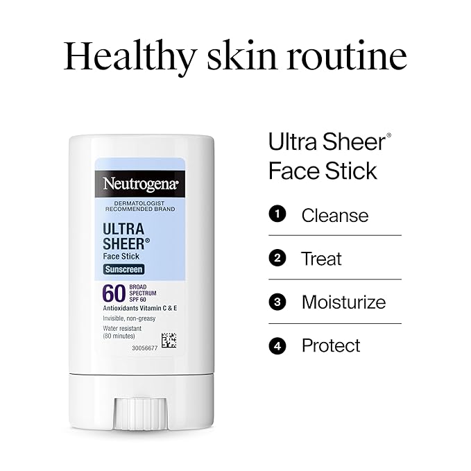 Neutrogena Ultra Sheer Stick Sunscreen for Face SPF 60, Invisible Finish, Broad Spectrum UVA/UVB Sun Protection - Vitamin C & E, Non Greasy, Fragrance Free, Water Resistant 80 Min, Travel Size, .47 oz