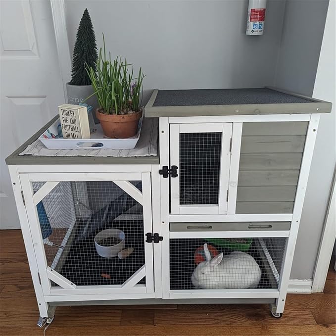GUTINNEEN Rabbit Hutch Indoor 2 Story with 3 Doors, Outdoor Bunny Cage with Movable Wheels and Easy Clean Trays for Guinea Pig Cage 40.6" L (White and Matcha)