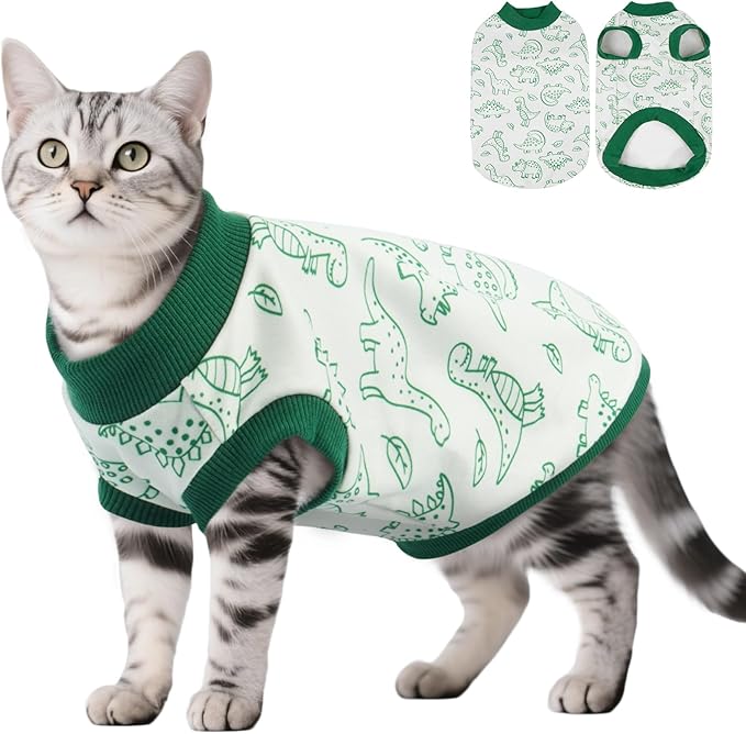 DENTRUN Sleeveless Cat Vest with Dinosaur Print, Breathable Ultra-Soft Dralon Fleece Cat Sweater, All-Season Pet Costume Apparel for Cats, Kitten Clothing for Indoor/Outdoor, Green, M
