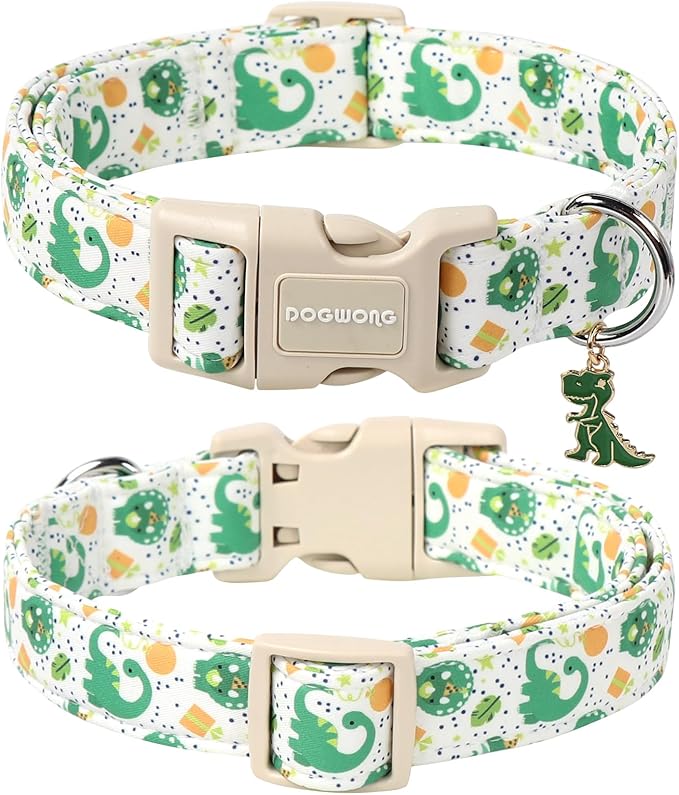 DOGWONG Dinosaur Dog Collar- Cute Summer Dog Collars Adjustable Designer Puppy Dinosaur Dog Collar for Boy Male Small Medium Large Dogs S