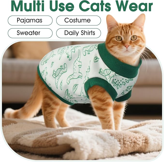 DENTRUN Sleeveless Cat Vest with Dinosaur Print, Breathable Ultra-Soft Dralon Fleece Cat Sweater, All-Season Pet Costume Apparel for Cats, Kitten Clothing for Indoor/Outdoor, Green, XXL